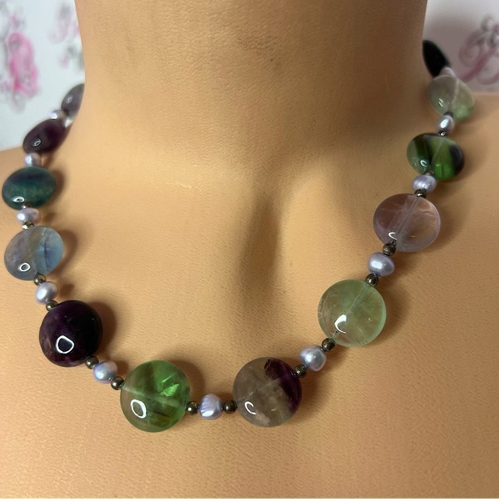 Flourite necklace toggle crystal healing gems rocks 🪨 blue green purple & pearl